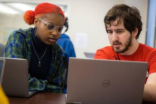 Two students focusing on their laptop communicating